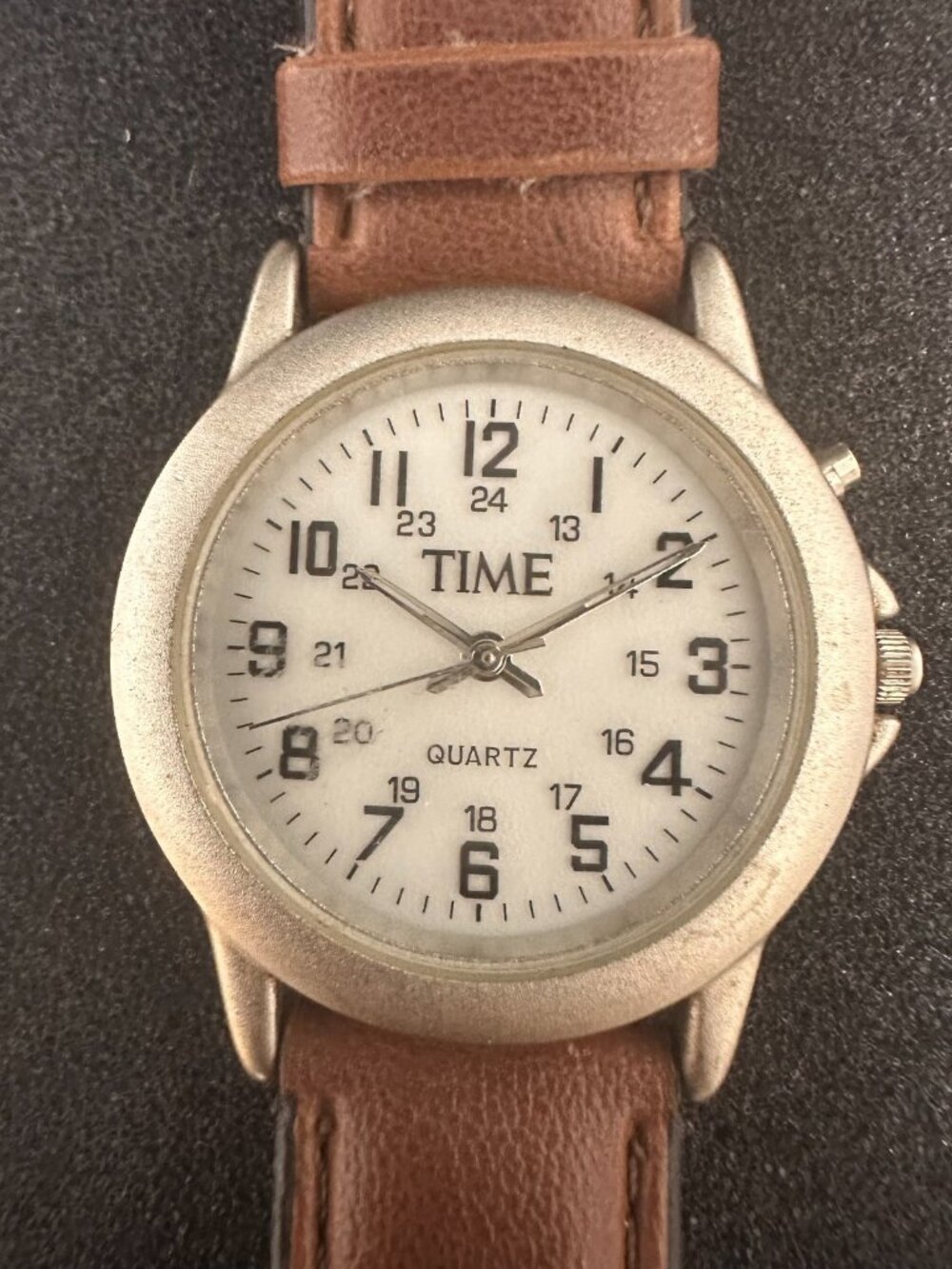 3/$30 Time Watch Men Silver Tone White Dial Military Dial Brown Band 8.5"